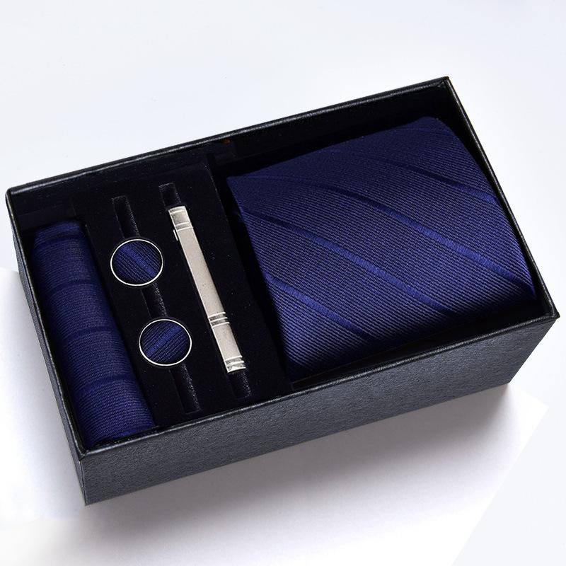 Gift Box Men'S Tie Square Scarf Cufflinks Tie Clip Five-Piece Set, Formal Business Blue Stripes
