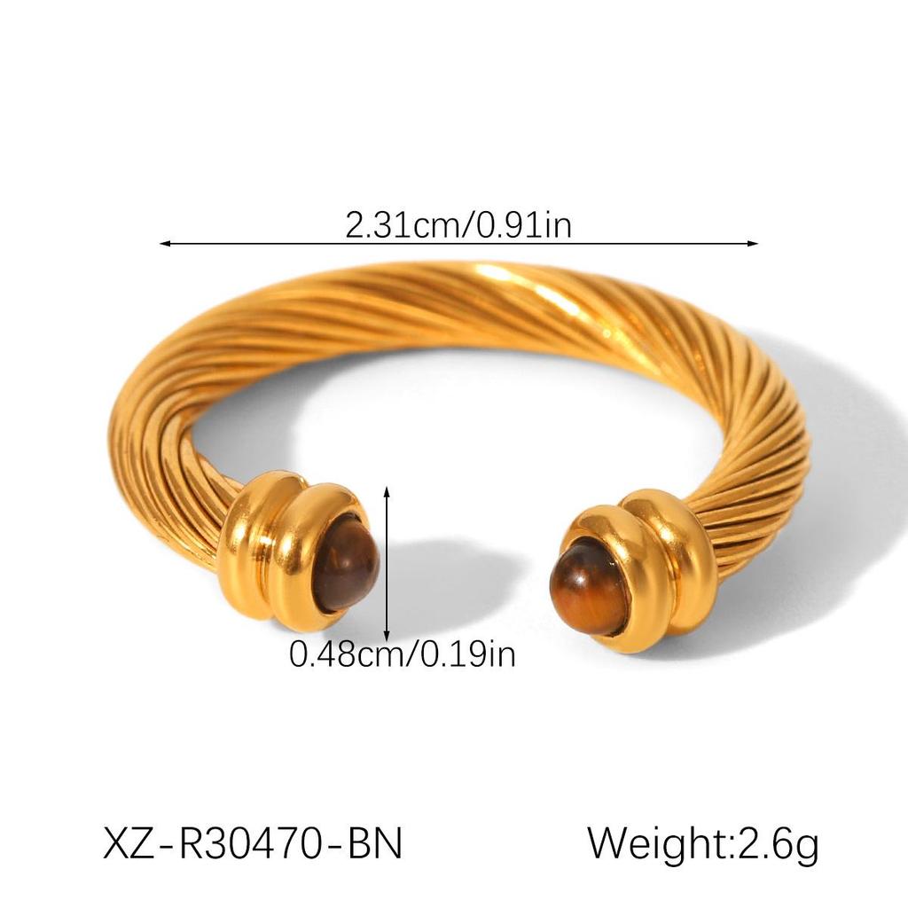 European and American Stainless Steel Natural Stone Open Ring - Women's Minimalist Luxury Titanium Spiral Design