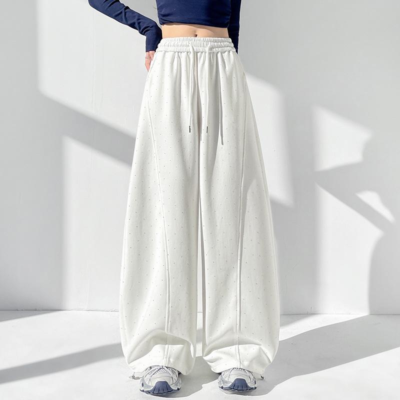 

Spring 2026 Rhinestone Wide-Leg Bent & Banana Sports Pants for Women XL белый