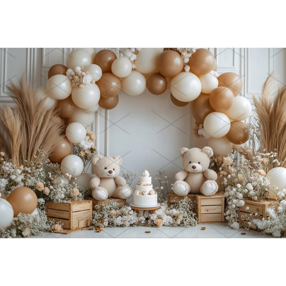 Boho Pampas Teddy Bear Photography Background Balloons Arch Tent Decor Cake Smash Baby 1st Birthday Indoor Photocall Backdrops