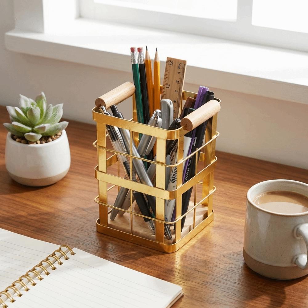Square Iron Kitchen Storage Basket Wooden Base Hollow Chopstick Spoon Storage Box Anti-slip Decorative Dinnerware Storage Tube