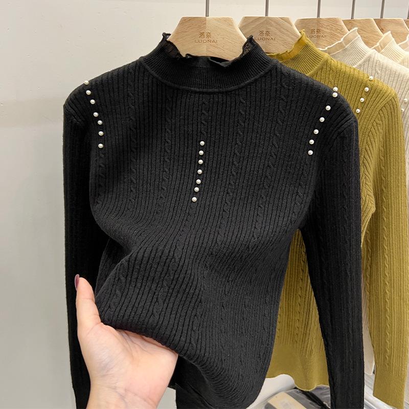 Semi-turtleneck Bottoming Shirt Women's Autumn and Winter Inner Twist Pearl Unique Chic Top Sweater Knitted Sweater Long Sleeve