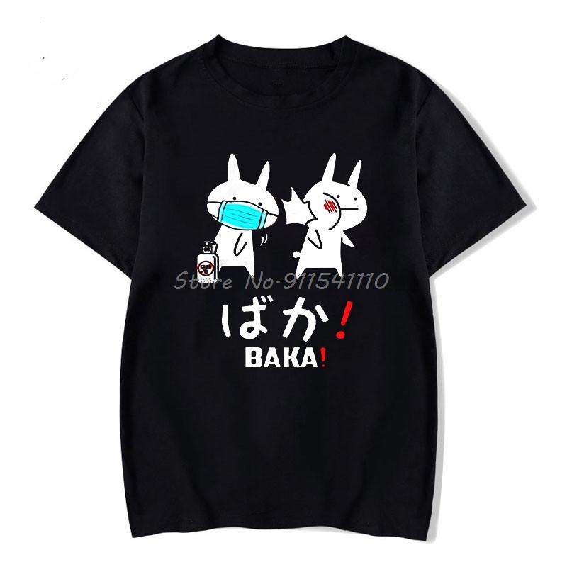 Baka Rabbit T-shirt Summer Women Black TShirt Harajuku Streetwear Mens Clothe Anime Cotton Shirt  Friend Couple T-Shirts Men’s