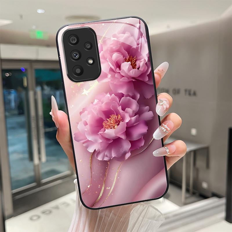 Süße Cartoon-Katzen Blumen Hülle Für Samsung Galaxy A52 A52S A72 4G 5G Gehärtetes Glas Handyhülle Schutzhülle Rückseite Hartschale