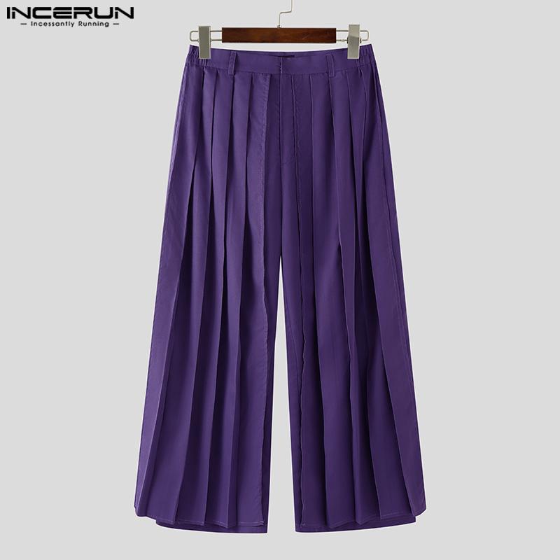 INCERUN Men Solid Color Zipper Waist Pleated Layers Casual Wide Legs Pants Trousers