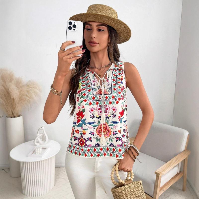 Women s Boho Floral Print Sleeveless V-Neck Tie Blouse S бежевый