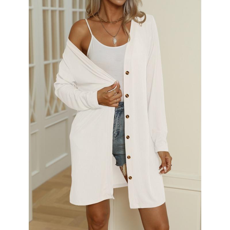 Damen Einfarbige Knopfleiste Langarm Locker Lässig Langer Cardigan