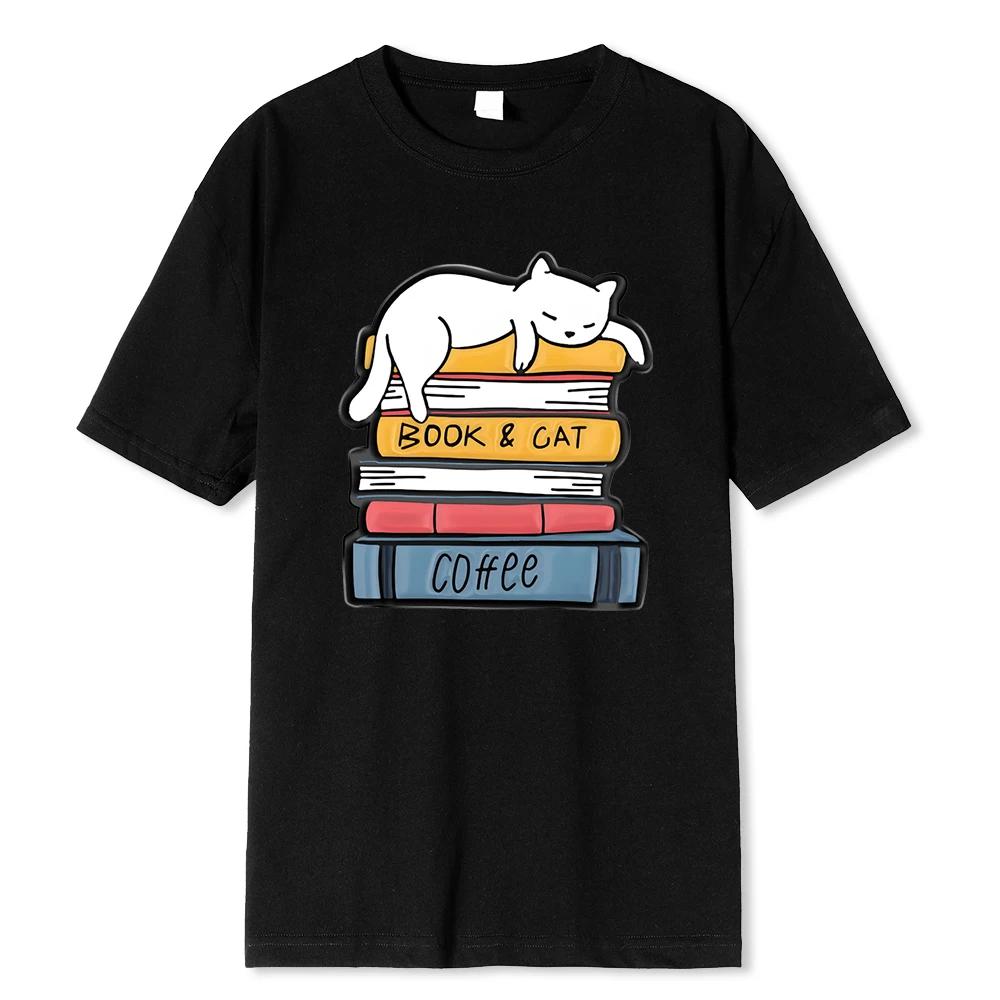 

Белый кот спит на стопке книг принт одежда мужская футболка высокого качества летняя хлопковая футболка хип-хоп уличная свободная майка M чёрный