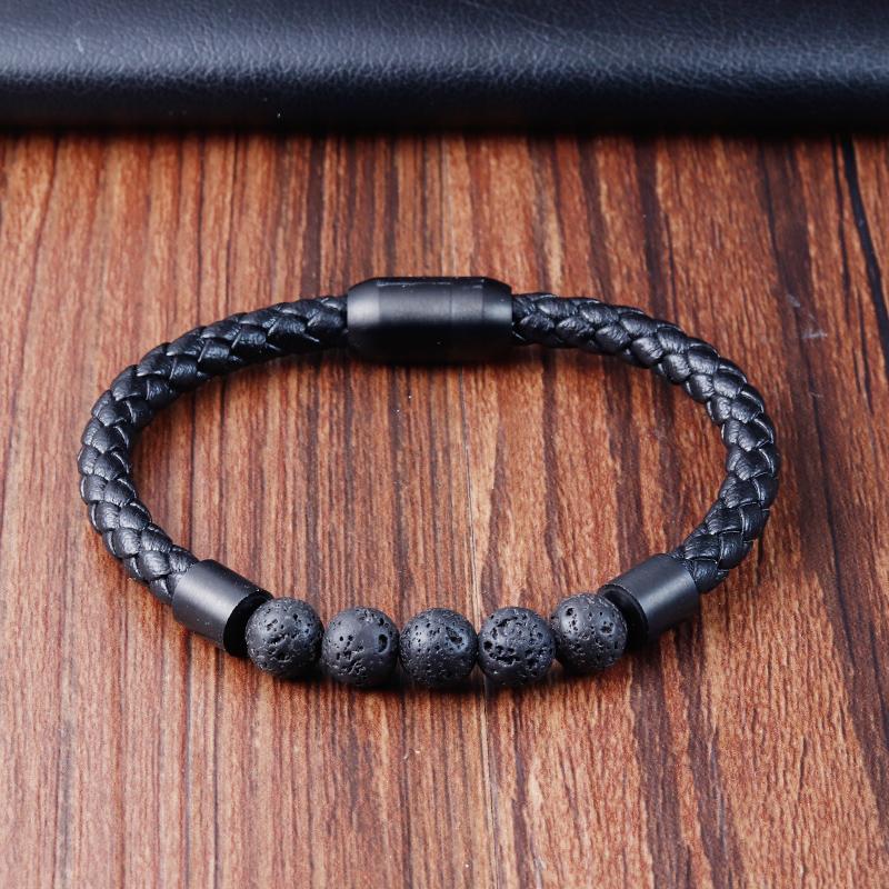 Charm Rope Nerez Magnetický Přírodní Kámen Kožený Muž Náramek Korálkový Náramek Sopečný kámen Náramky Náramky Řetízek Dárek