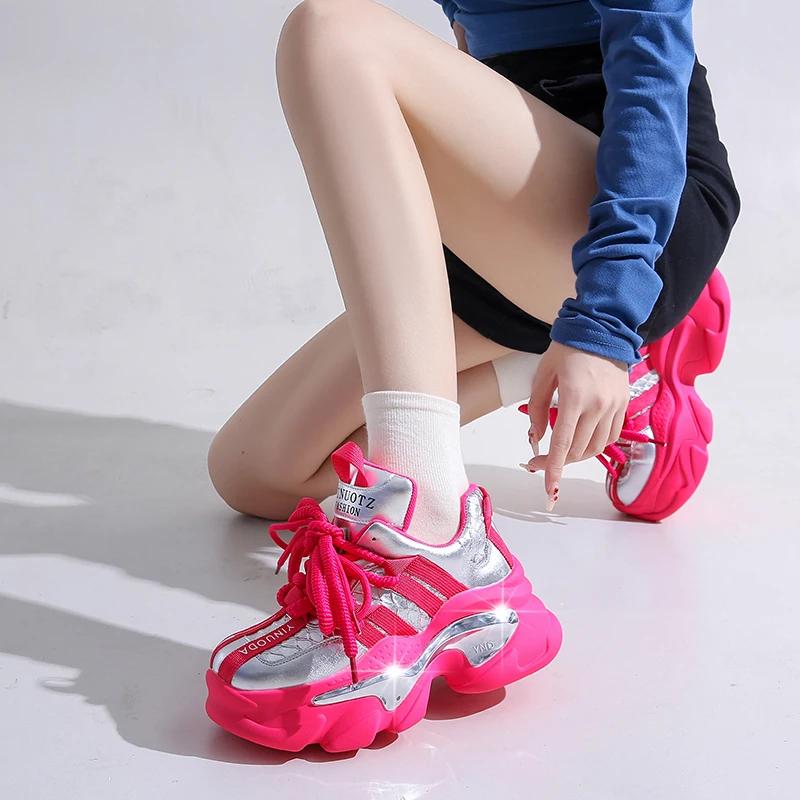 Autumn Winter Chunky Heels Vulcanize Shoes Women Fashion Mix Color Platform Sneakers Woman 2026 Lace-Up Non-Slip Walking Shoes