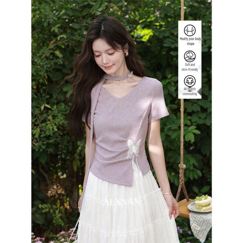 Women's Irregular V-Neck Black T-Shirt with Bowknot