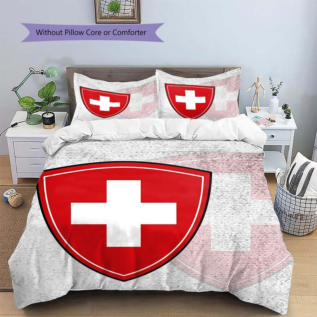 Schweiz Fußball Nationalmuster Bettwäsche Heimdekoration Geburtstagsgeschenk (1 Bettbezug + 2 Kissenbezüge, ohne Füllung),Fanartikel.