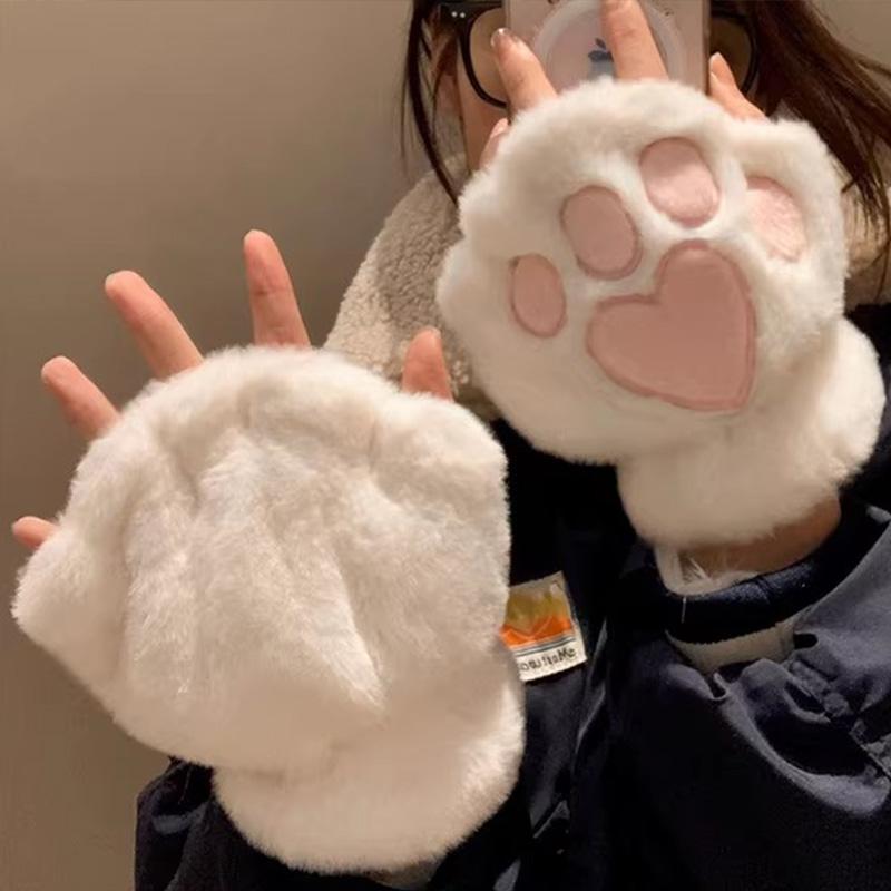2026 Autumn Winter Kawaii Plush Cat Claw Paw Gloves Warm Soft Short Fingerless Fluffy Bear Mittens Costume Half Finger Gloves
