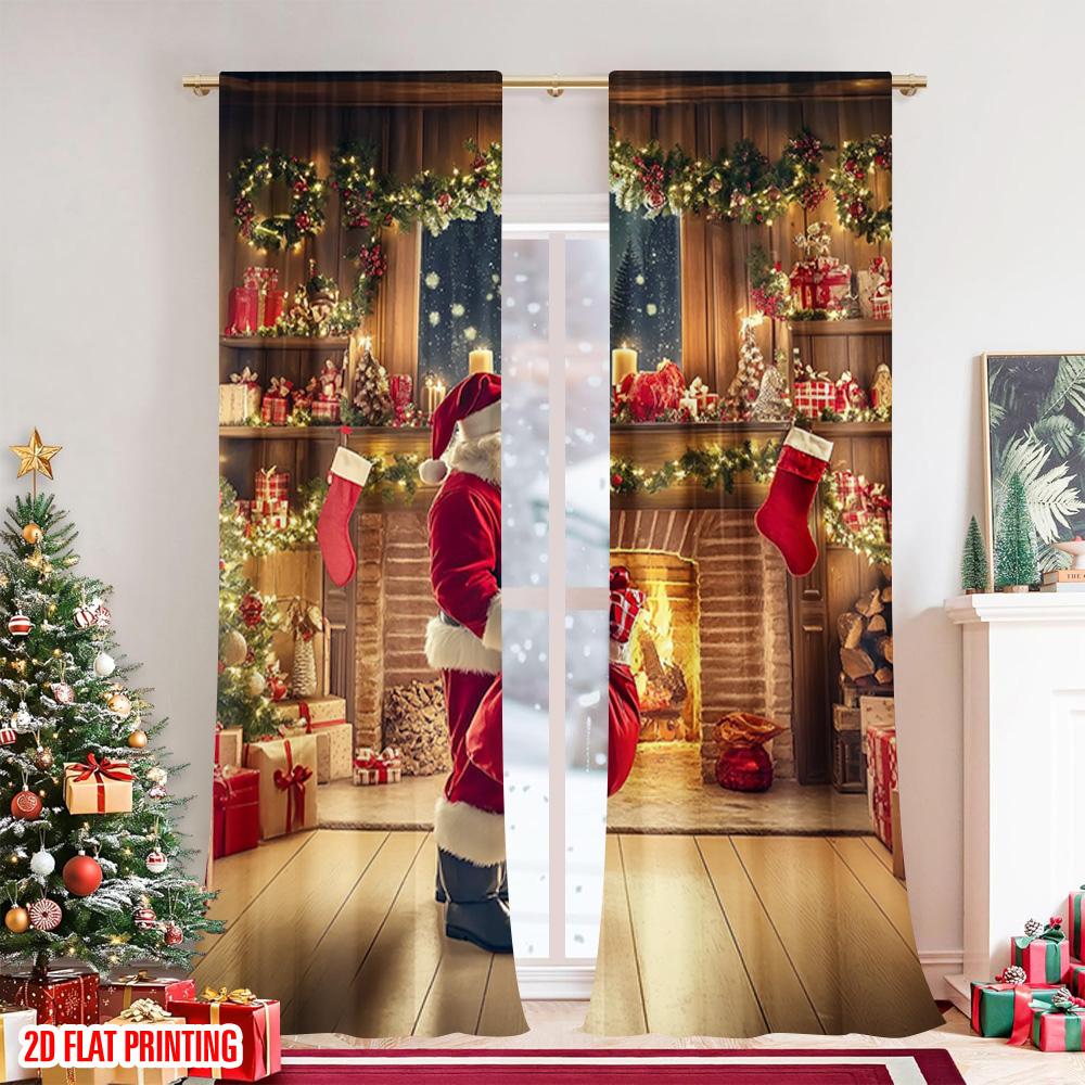 Set Of 2 Flat Printing Merry Christmas Popular Party Window Curtains Father Versatile Durable Polyester Without Made