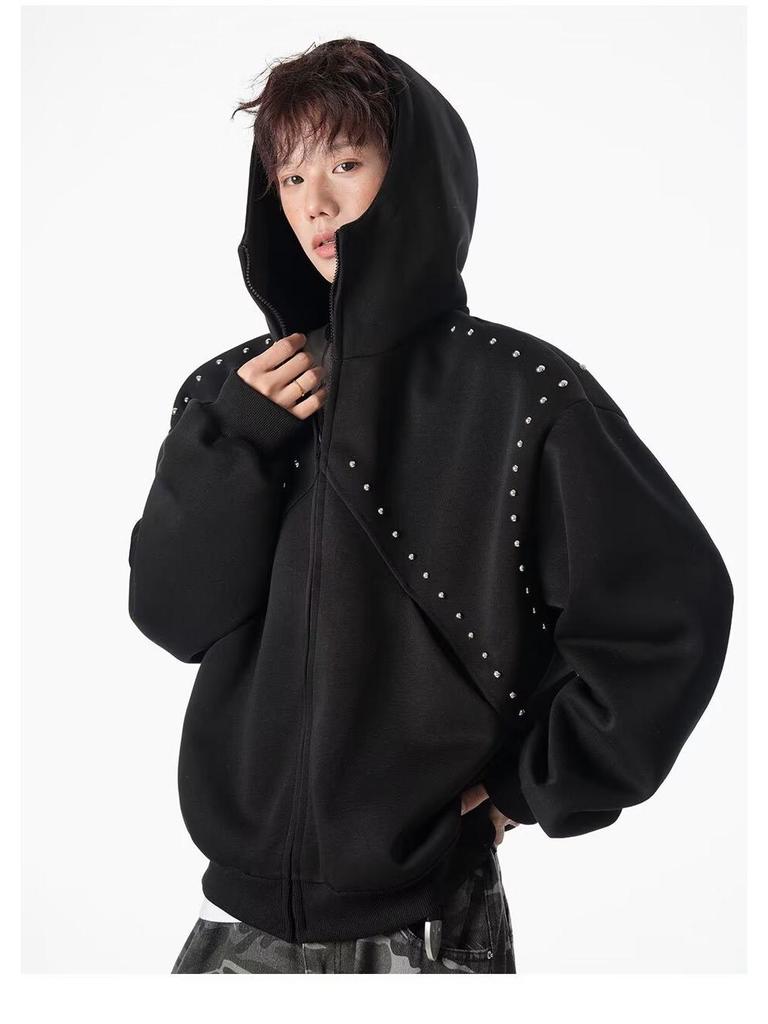 Men's Retro Rivet Hooded Cardigan: Trendy Autumn/Winter Streetwear Zipper Jacket with Plus Velvet