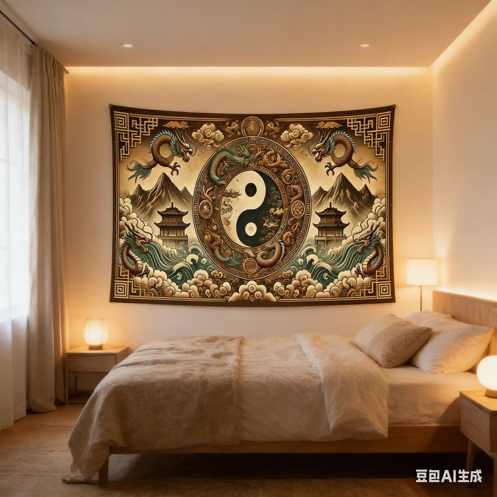 Chinese Dragon Yin Yang Tapestry 2D Flat Printing Tai Chi Feng Shui Wall Hanging for Living Room Bedroom Asian Style Home Decor
