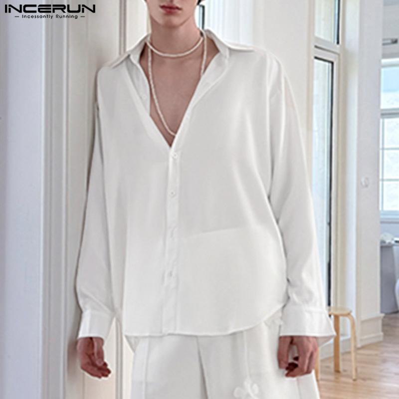 INCERUN Oversized Men Lapel Neck Long Sleeve Back Patchwork Casual Irregular Shirts
