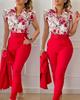 Floral Lotus Leaf Sleeve Top Solid Pants Set Women Casual 2 Piece Outfit with Belt