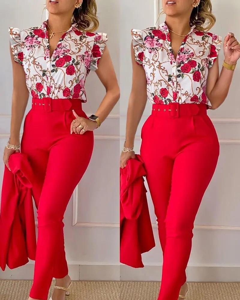 Floral Lotus Leaf Sleeve Top Solid Pants Set Women Casual 2 Piece Outfit with Belt