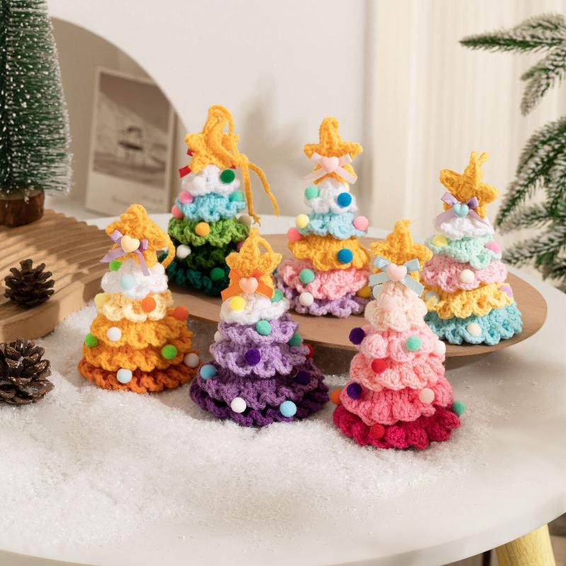 Fluffy Knitted Crochet Christmas Tree Pendant with Jingle Bell for Xmas Stocking Stuffer Home Holiday Party Decor