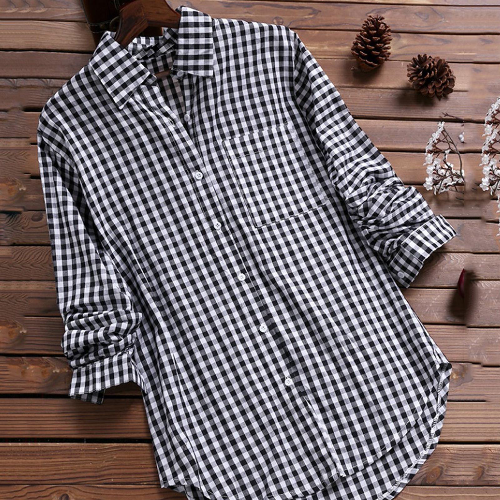 

Женская повседневная свободная клетчатая рубашка с длинными рукавами и карманами в винтажную клетку с лацканами XXXXXL чёрный