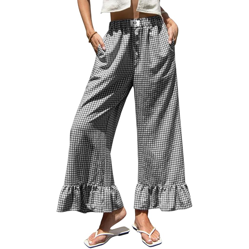 Pantaloni Casual da Donna a Gamba Larga con Patchwork a Quadretti, Orlo Arricciato, Vita Elastica, Vestibilità Rilassata, Lunghi per l'Uso Quotidiano