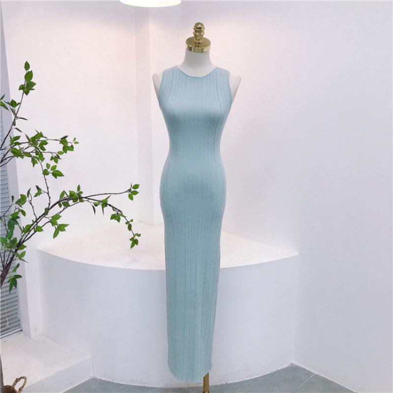 Summer Gentle Round Neck Sleeveless Slit Maxi Dress One Size