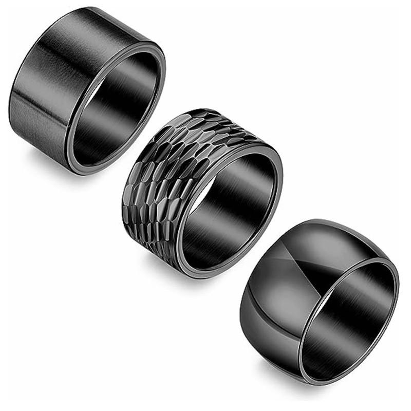 Men's Classic Ornaments 304 Stainless Steel Hammered Texture Ring Set - 12MM Wide, 3-Piece