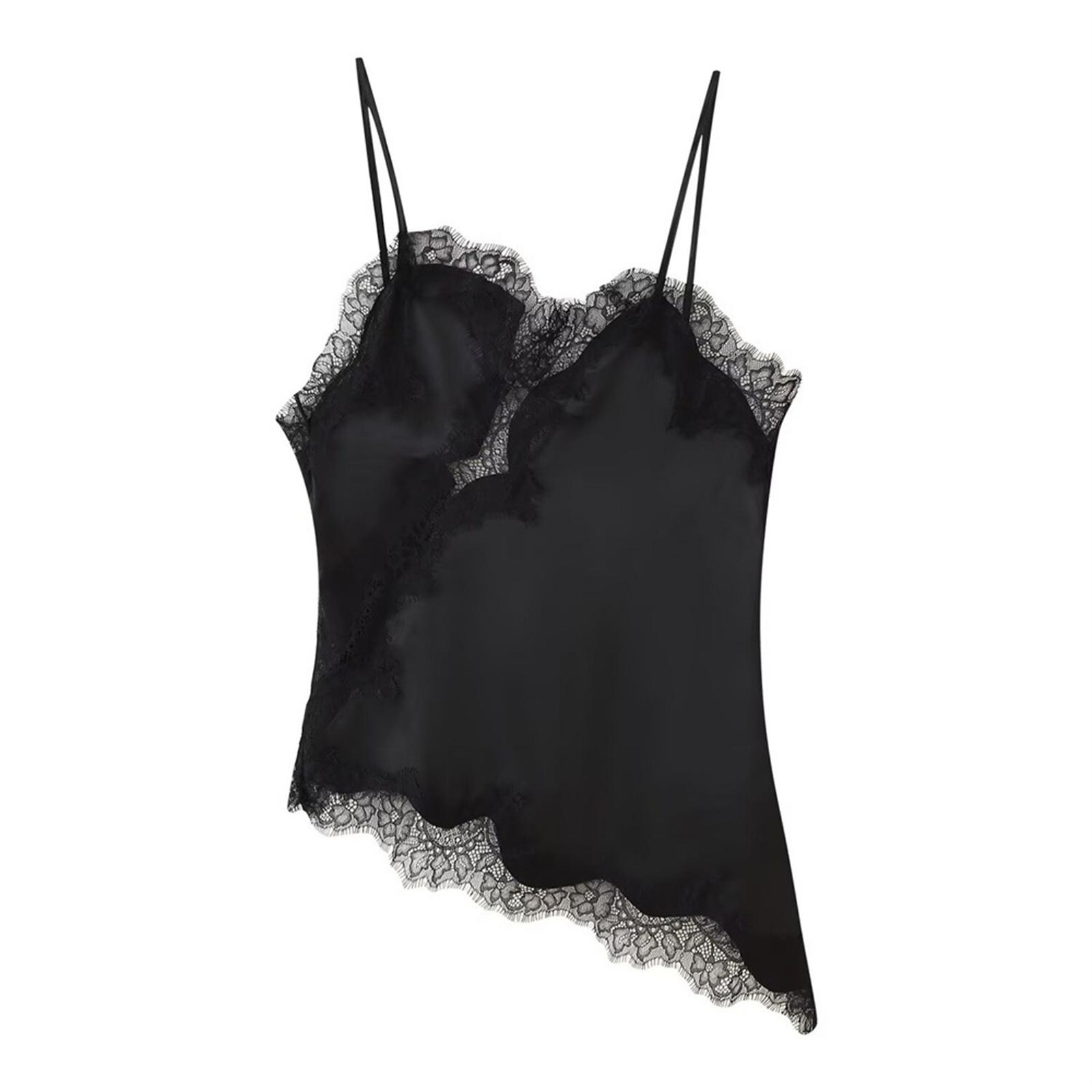 

Жіночий топ з мереживом та асиметричним подолом - Шовковистий топ на бретельках | Елегантна майка для вечора та вечірки S чорний