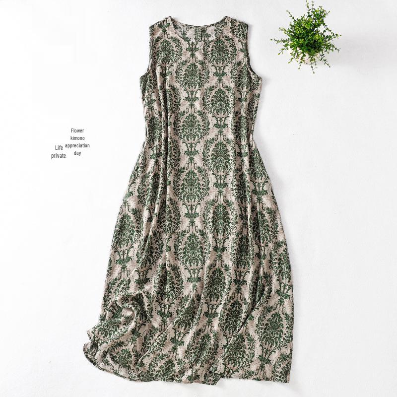 

Летнее платье больших размеров без рукавов, из хлопка и льна, с принтом XL зелёный