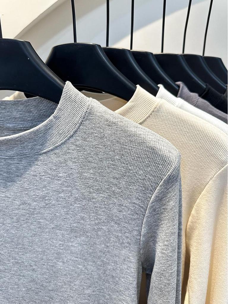 Trendy Women's Ribbed Cotton Stand-Up Collar Long Sleeve Base Shirt for Spring 2025