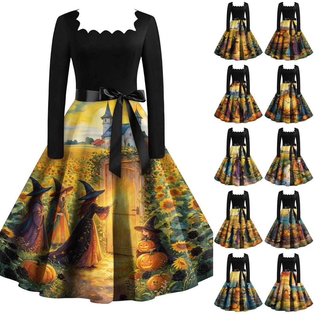 Women's Vintage Square Neck Long Sleeve Halloween Print Evening Dress