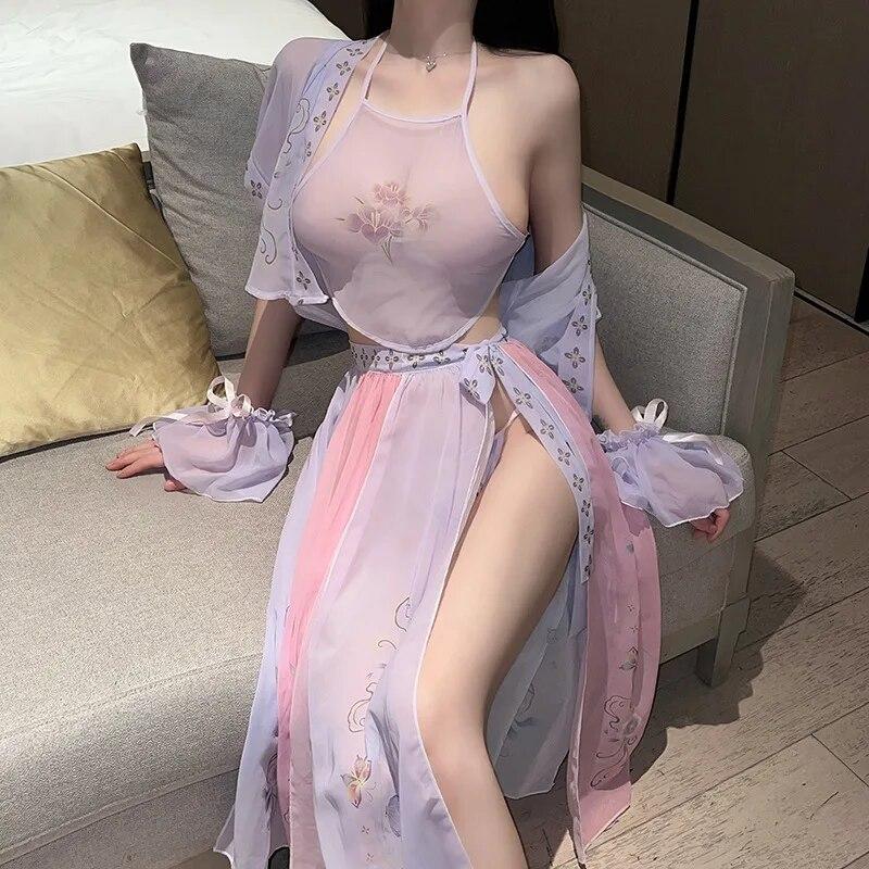 Women Sexy Hanfu Costumes Tranditional Dress Erotic Lingerie Underwear Skirt Lenceria Para Damas Nightwear Purple Outfit