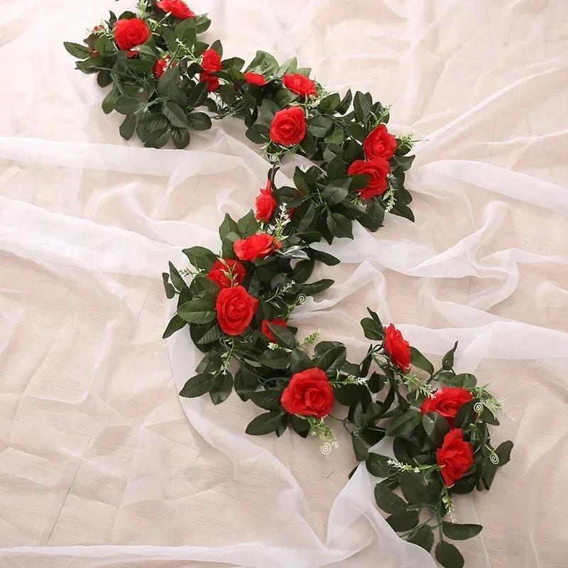 2024 Vine Hanging Silk Artificial Rose Flowers for Wall Christmas Fake Plants Leaves Garland Romantic Wedding Home Decoration