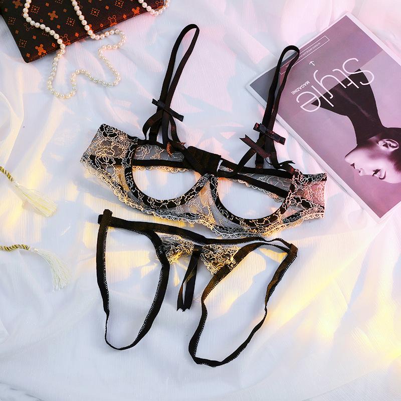 Three-point Hollow Sexy Underwear Open Crotch Bared Breasts Sexy Lace Embroidery Cleavage Underwear Set Womens Gift