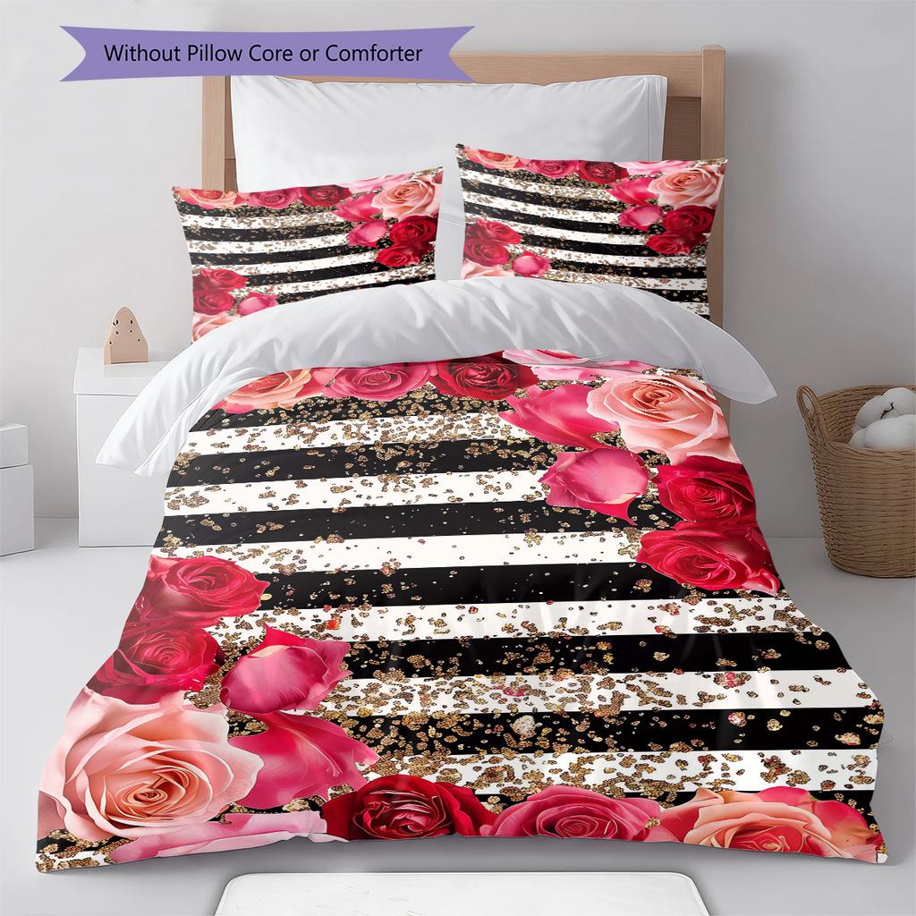 Rose Pattern Bedding Quilt Set Quilt Cover Pillowcase Home Decoration Gift (1 * Duvet Cover + 2 * Pillowcase, Without Core)