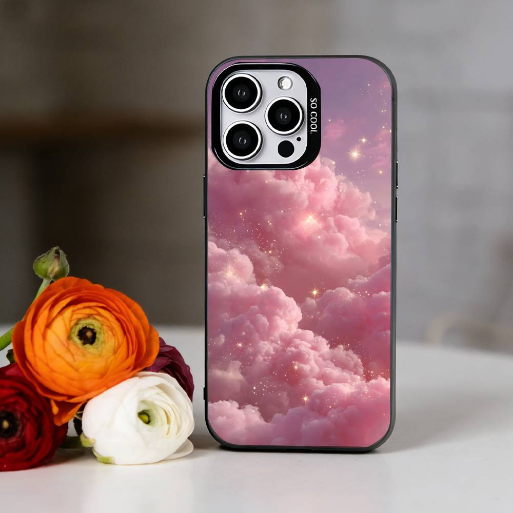 Stilvolle rosa Wolken für Mädchen Handyhülle Für iPhone 17,16,15,14,13,12,11 Plus,Pro Max,XS,Bunte Silberne Handyhülle Funda Cover