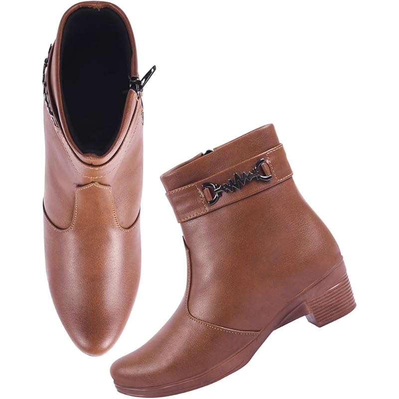 Women'S Tan Ankle Boots With Side Zipper And Metal Detail Low Heel Faux Leather Booties For Everyday Comfort And Style E