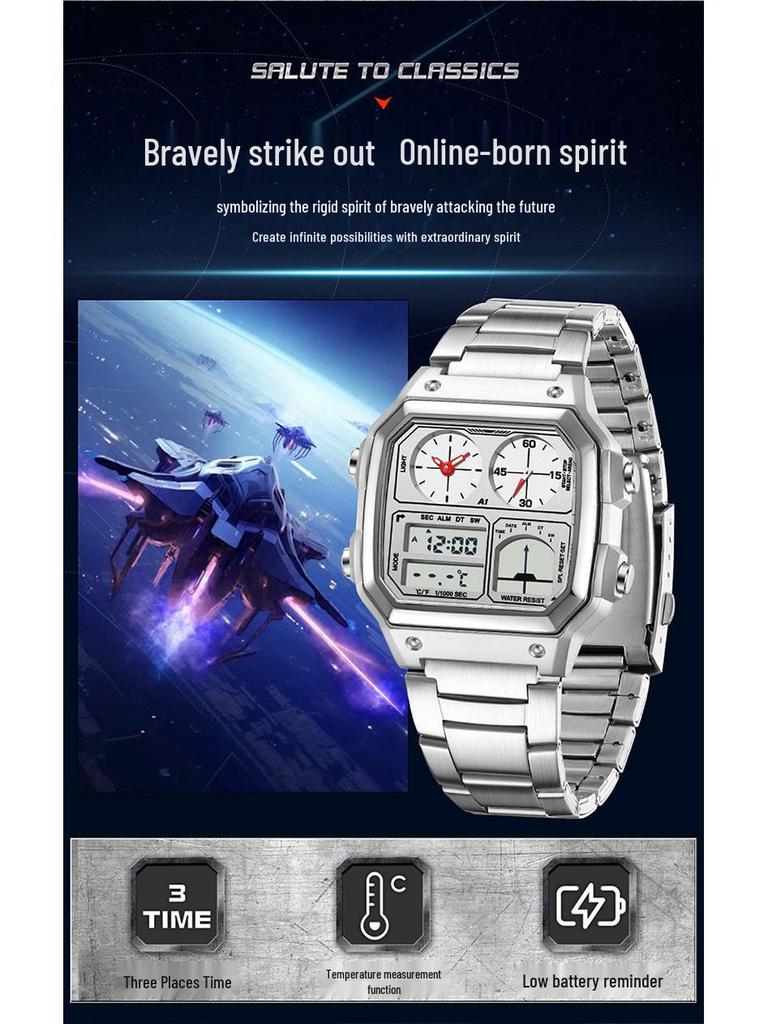 Sanda Temu Temperaturmessung Studenten Sportuhr, Wasserdicht Dual-Display, Multifunktionales Quadratisches Design