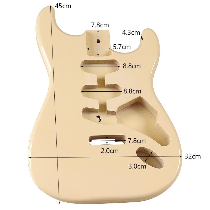 Lesklé krémově žluté tělo elektrické kytary z topolu se třemi single-coil snímači