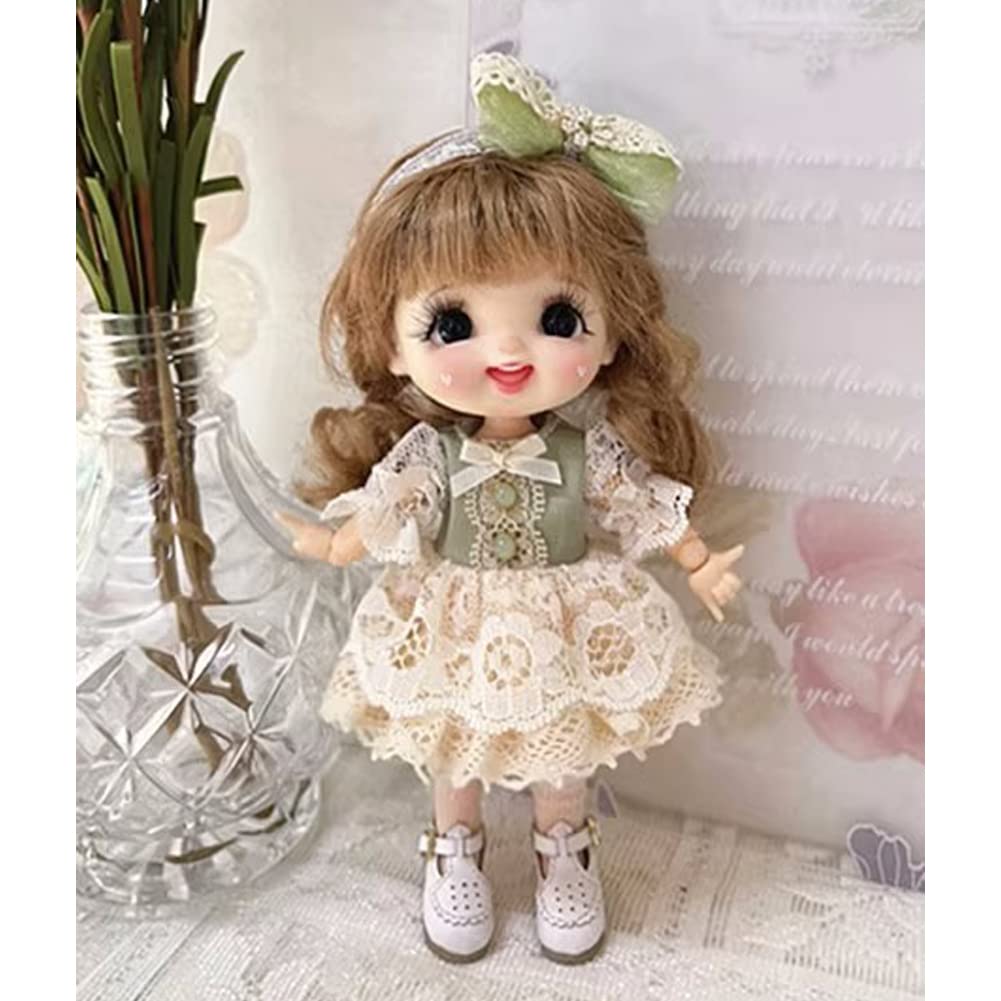 rakulifey Obitsu 11 Clothes, Dress, Hair Accessories, OB11 Size Outfit Set, One-Piece Lolita Dress, 11cm Obitsu Body Accessories, Green, 2-Piece Set