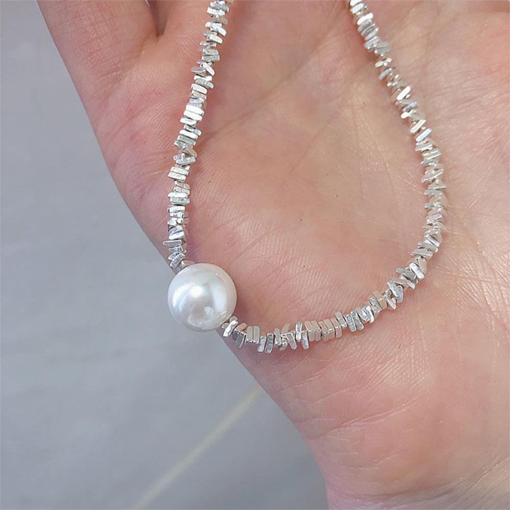 Shiny Silver Single Pearl Necklace Simple Versatile Alloy Necklace Clavicle Chain Jewelry Accessory for Women