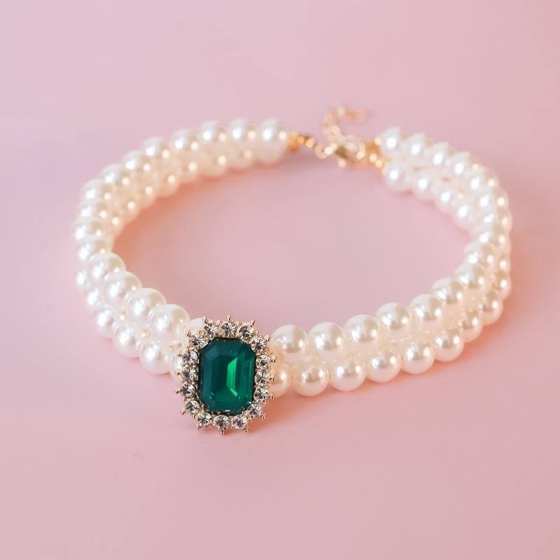 Pet Collar Cat Dog Pearl Necklace Double Stacked Premium Protein Gem Set with Rhinestones