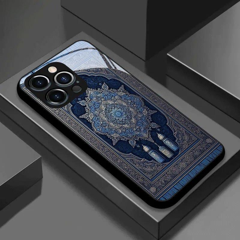 Blue carpet patterned glass phone case suitable for iPhone 17 16 15 14 13 12 11 Pro/Max/Plus shockproof back cover