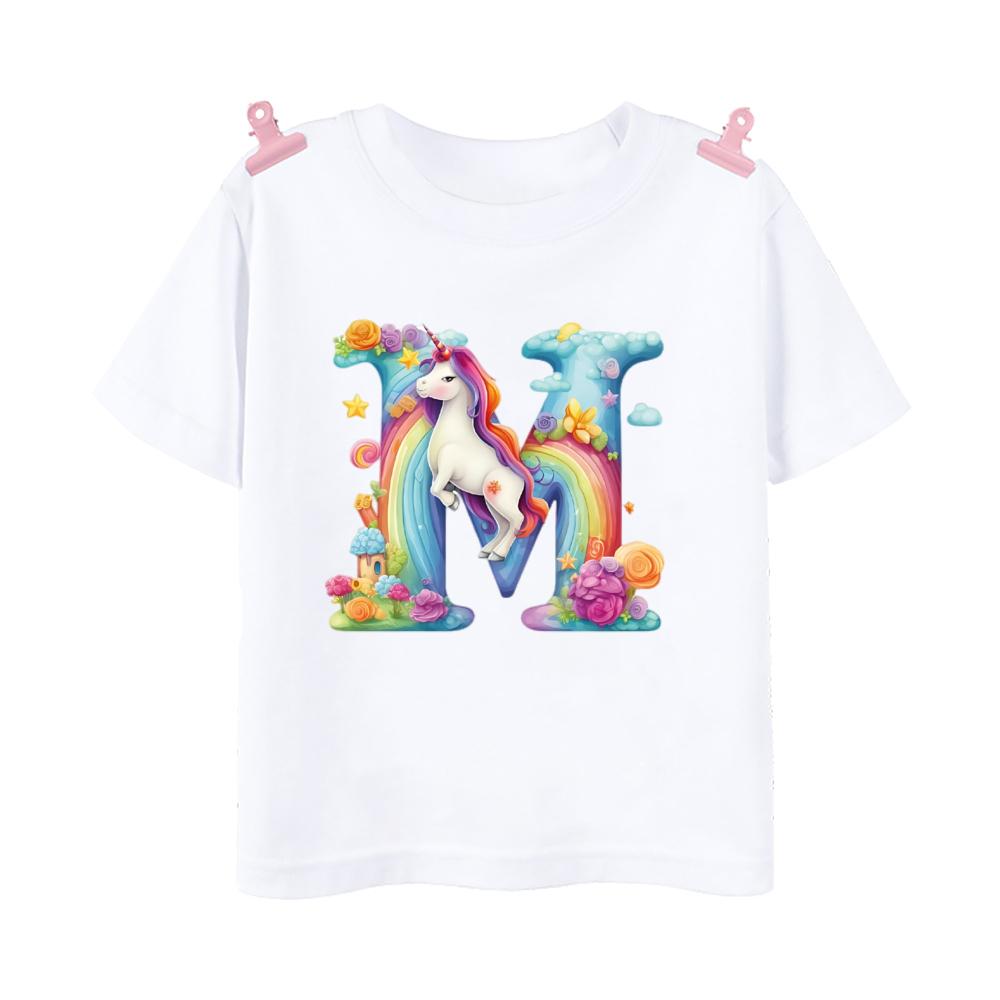 Unicorn Rainbow Initial A-Z Printed Kids Shirt Child Summer T-shirt Boys Girls Short Sleeve Tops Clothes Cute Toddles Outfit Tee