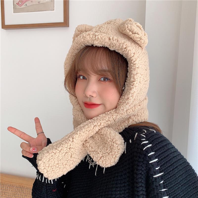 

Korean Style Cute Bear Plush One-Piece Hat and Scarf, Warm Cotton for Girls - Perfect for Autumn and Winter Cycling One Size бежевий