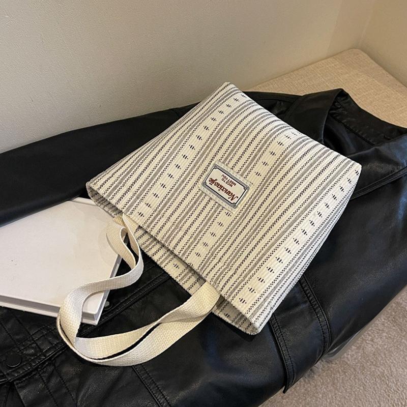 Ins Canvas Bag Women'S  Korean Style Casual Striped Handbag Large Capacity Class Commuting Shoulder Bag