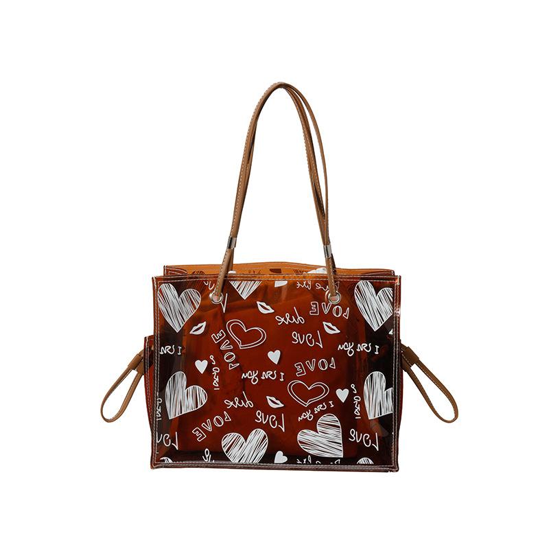 

Весняна прозора сумка-желе з ПВХ 2025 нова корейська версія модна графіті жіноча сумка через плече великої місткості сумка-тоут коричневий