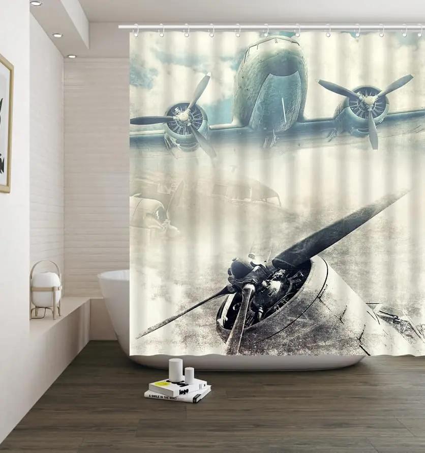 Warcraft Deck Jet Fighter Shower Curtain for Military Fans Bathroom,Warship Plane Coast Shower Curtain Fabric Bathroom Curtains