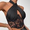 Women's Fashion Casual Stitched Lace Neck Tie Wrap Chest Steel Ring Fishbone  Girl Vest